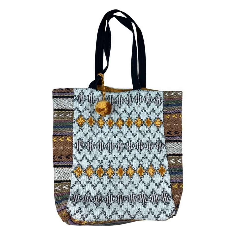 Panache Sunrise Mustard Yellow Handwoven Large Tote Bag Pom Pom Detail India